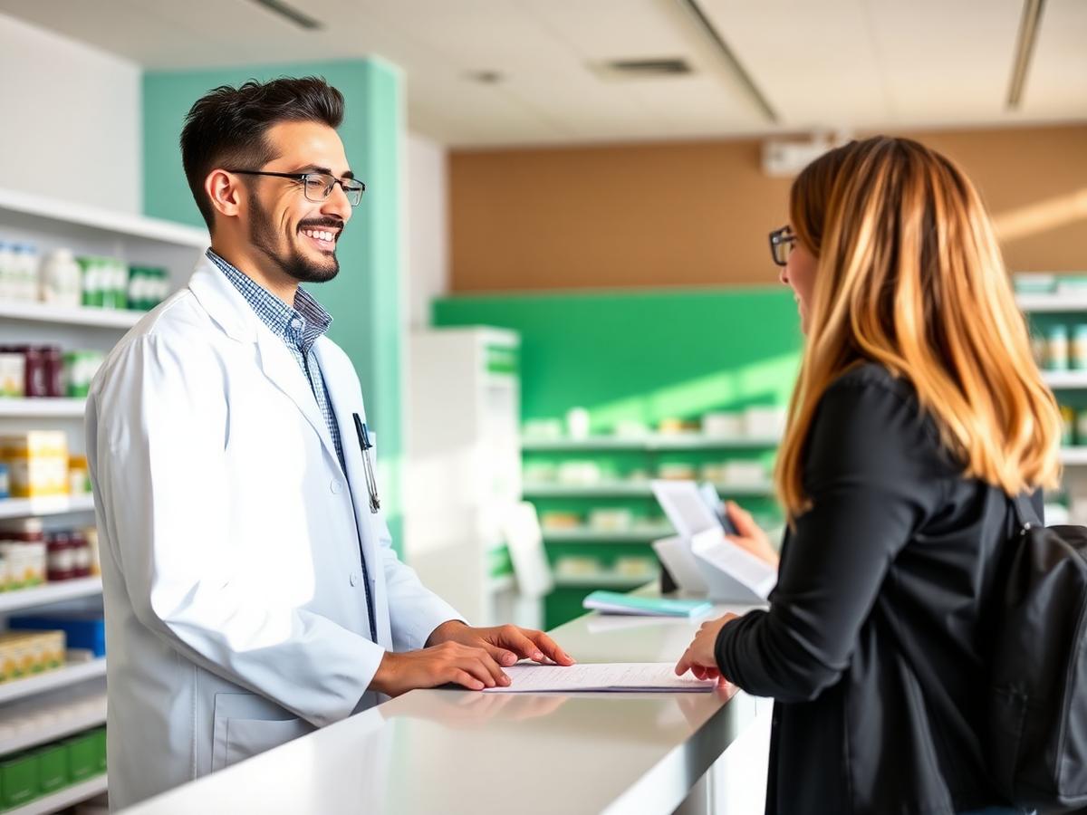 Farmacêutico atendendo cliente com cuidado e atenção